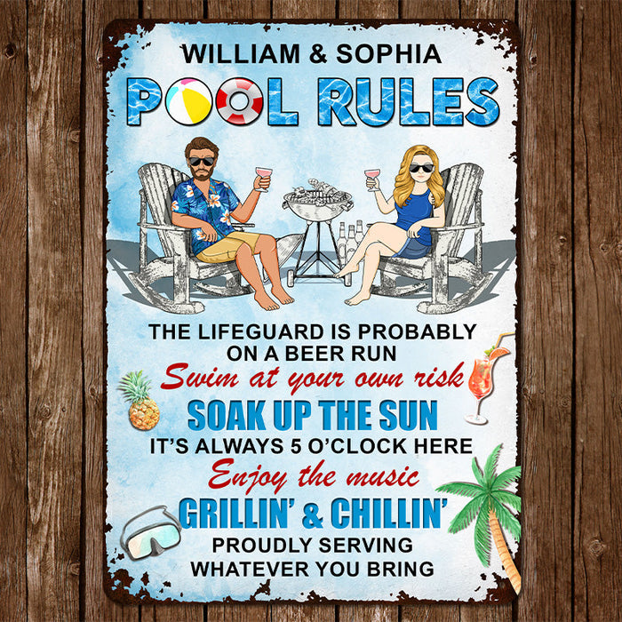 Pool Rules Enjoy The Music Grilling And Chilling Gift For Couples Personalized Custom Metal Sign