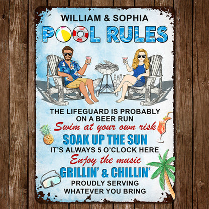 Pool Rules Enjoy The Music Grilling And Chilling Gift For Couples Personalized Custom Metal Sign