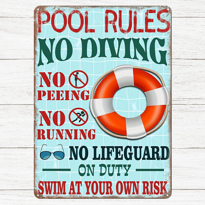 Pool Rules Swim At Your Own Risk Wall Art Funny Swimming Pool Signs - Swimming Pool Metal Signs