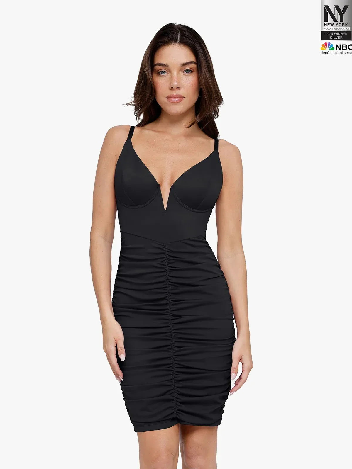 Bluetag Shapewear Plunging V Ruched Bodycon Mini Dress