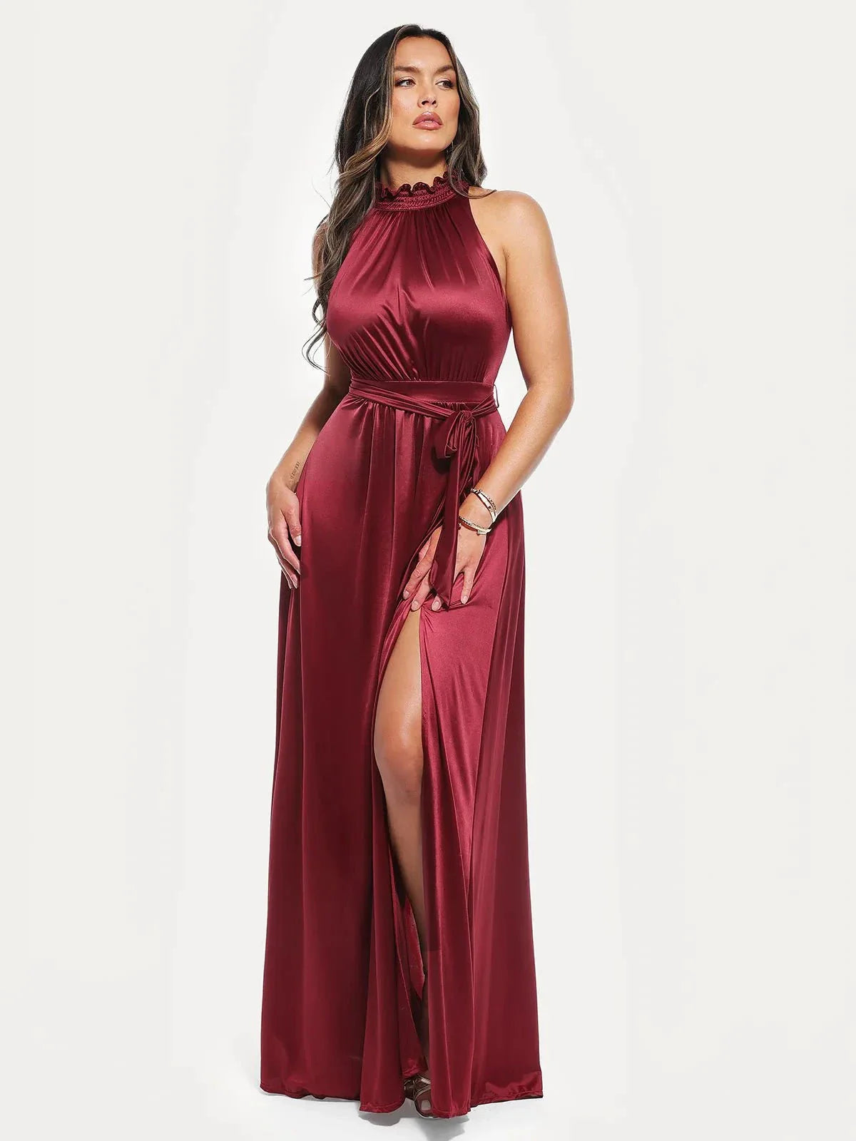 Draped High Neck Sculpting Floral-Print Maxi Dress