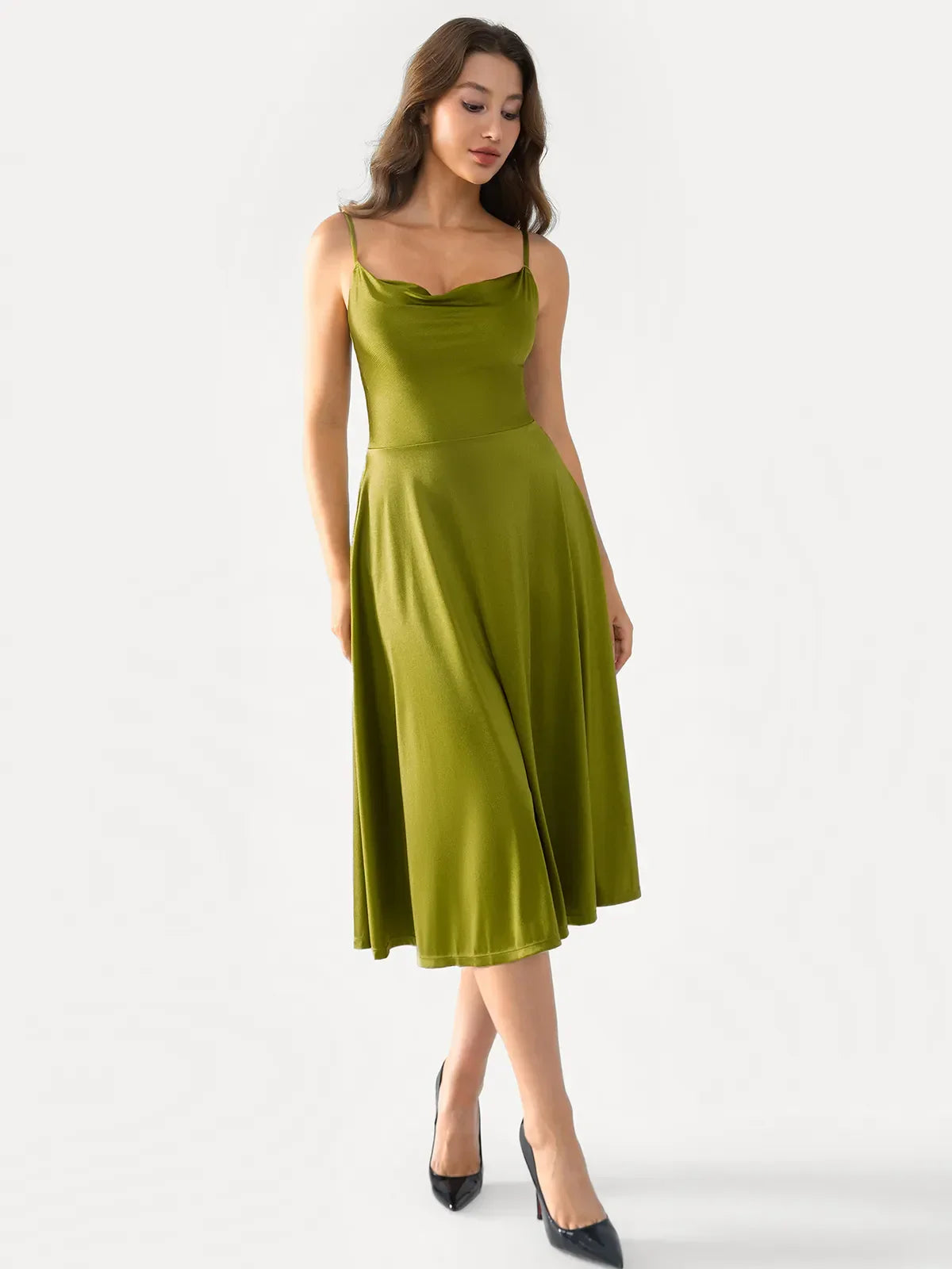 Shapewear Strappy Cowl Neck Fit & Flare Midi Dress