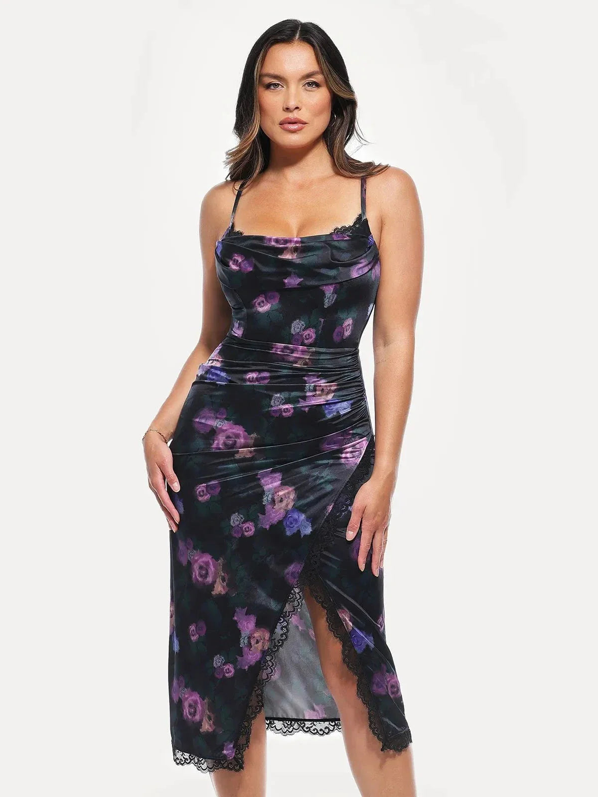 Lace Trim Sculpting Floral-Print Midi Dress