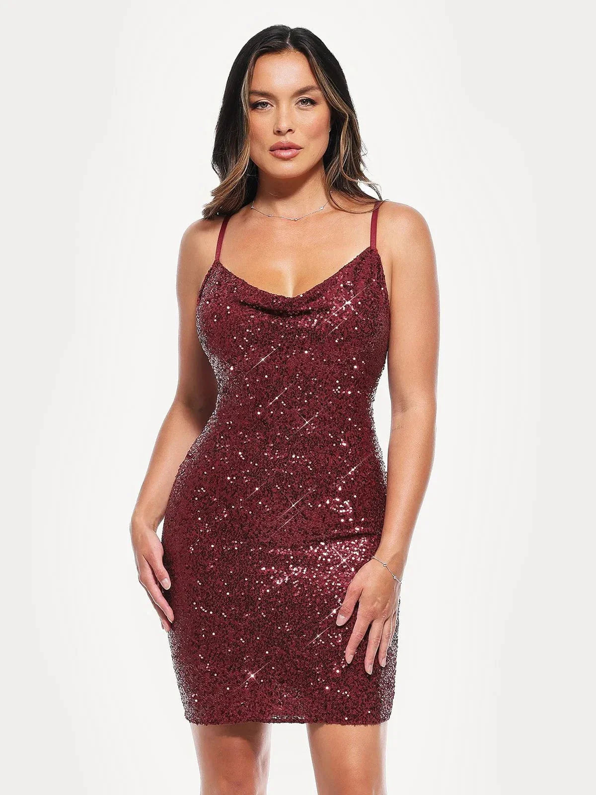 Sequin Cowl Neck Sculpting Mini Dress