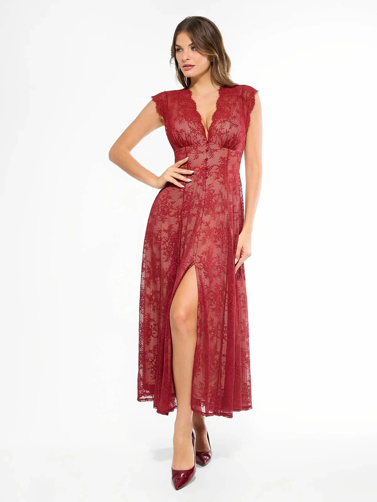 Shapewear Boho Floral Lace Front Slit Maxi Dress