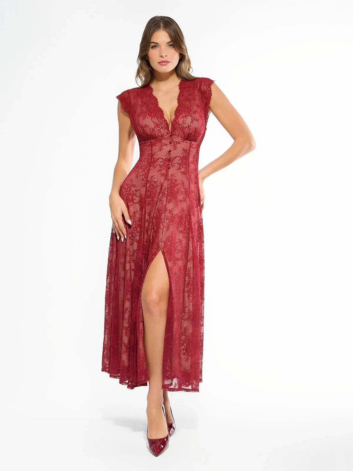 Shapewear Boho Floral Lace Front Slit Maxi Dress