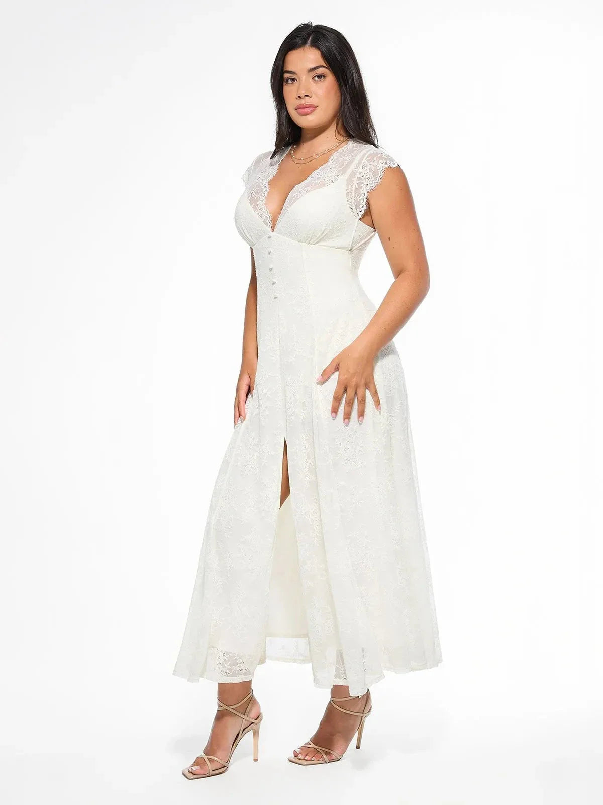 Shapewear Boho Floral Lace Front Slit Maxi Dress