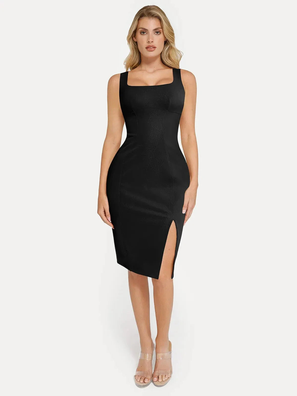 Shapewear Faux Nubuck Bodycon Sculpting Slit Midi Dress