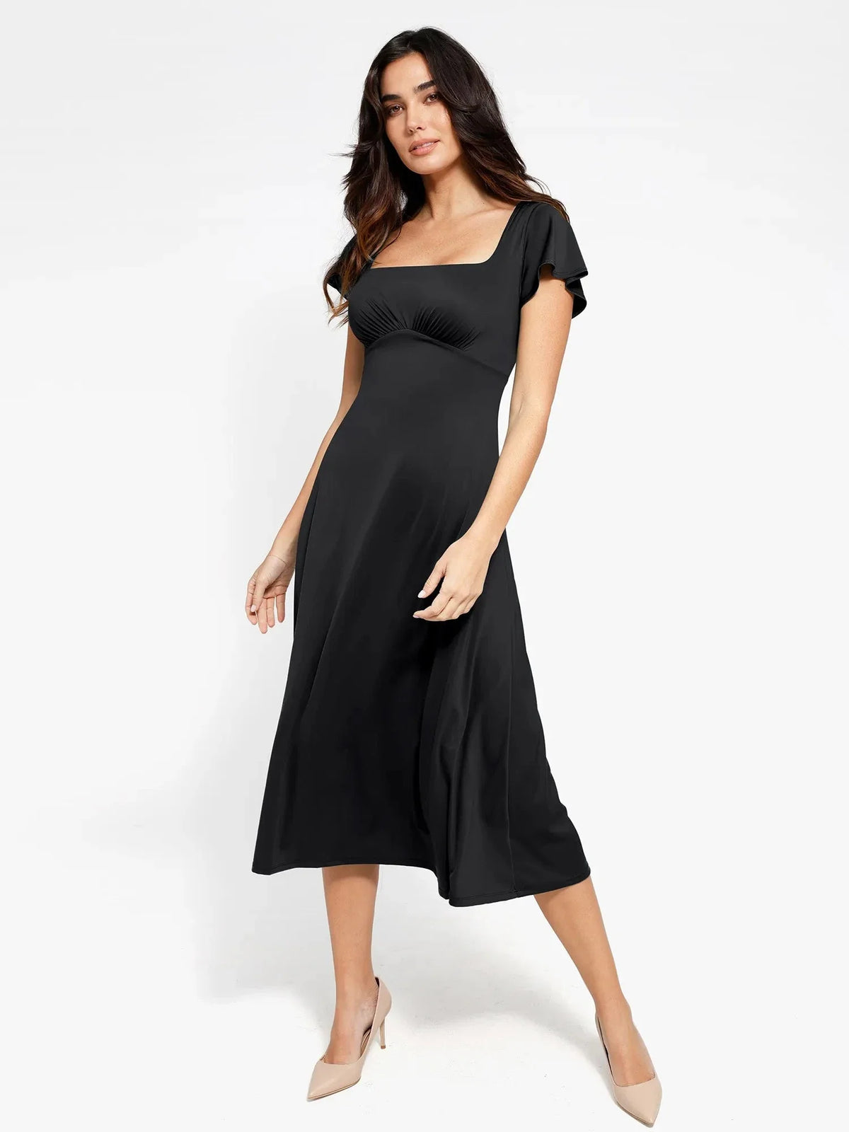 Shapewear Flutter Sleeve Sculpting A-Line Midi Dress