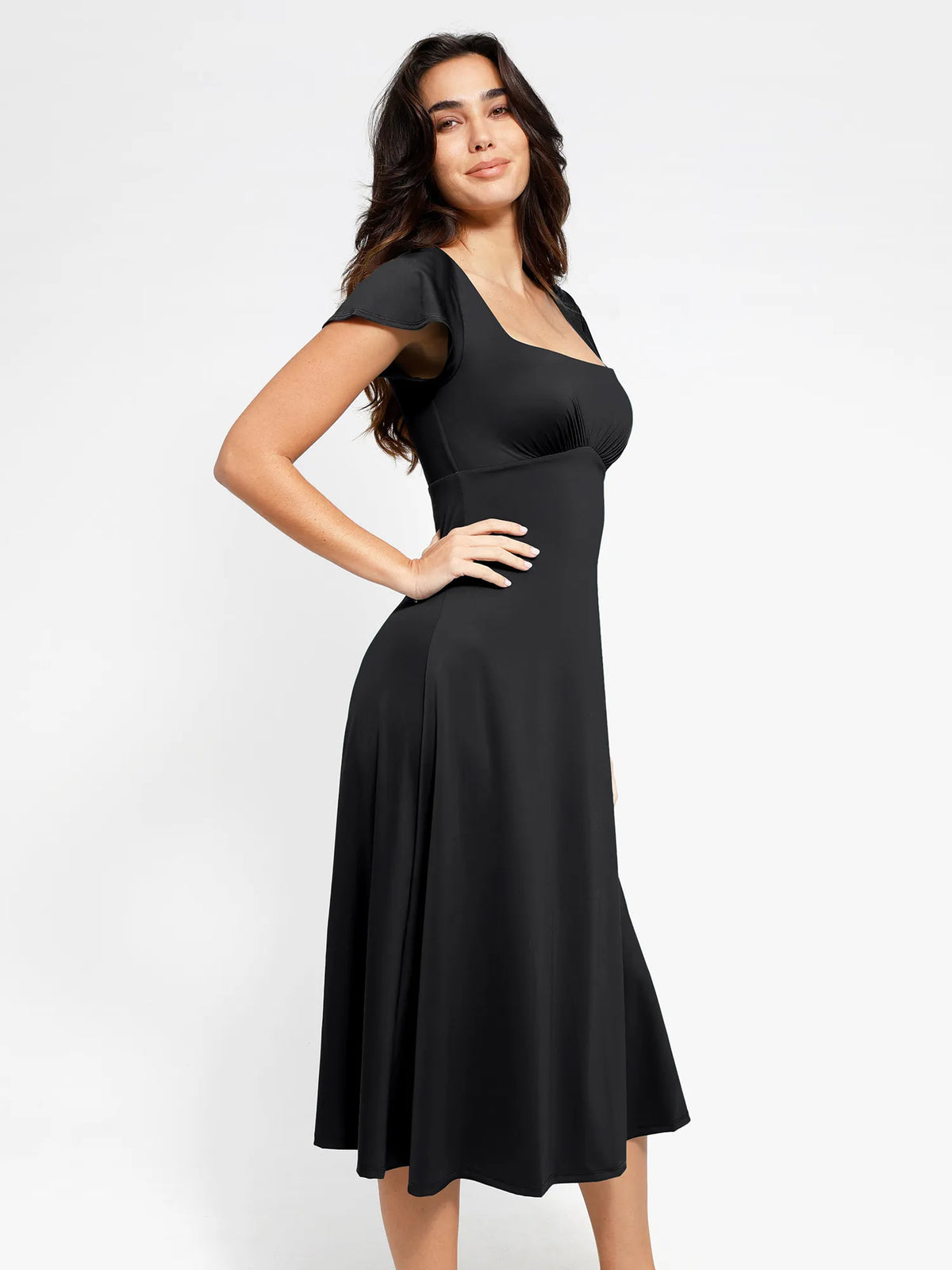 Shapewear Flutter Sleeve Sculpting A-Line Midi Dress