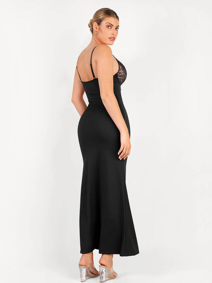 Shapewear Lace V Neck Side Slit Slimming Maxi Slip Dress