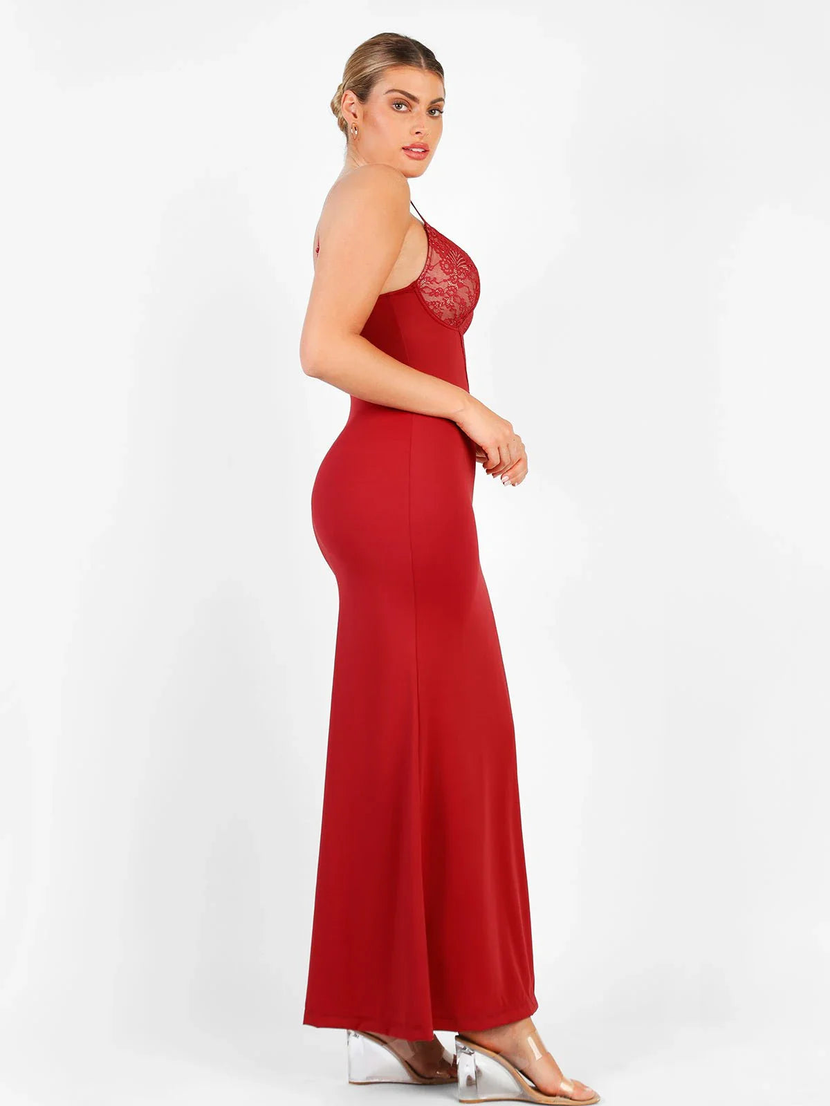 Shapewear Lace V Neck Side Slit Slimming Maxi Slip Dress