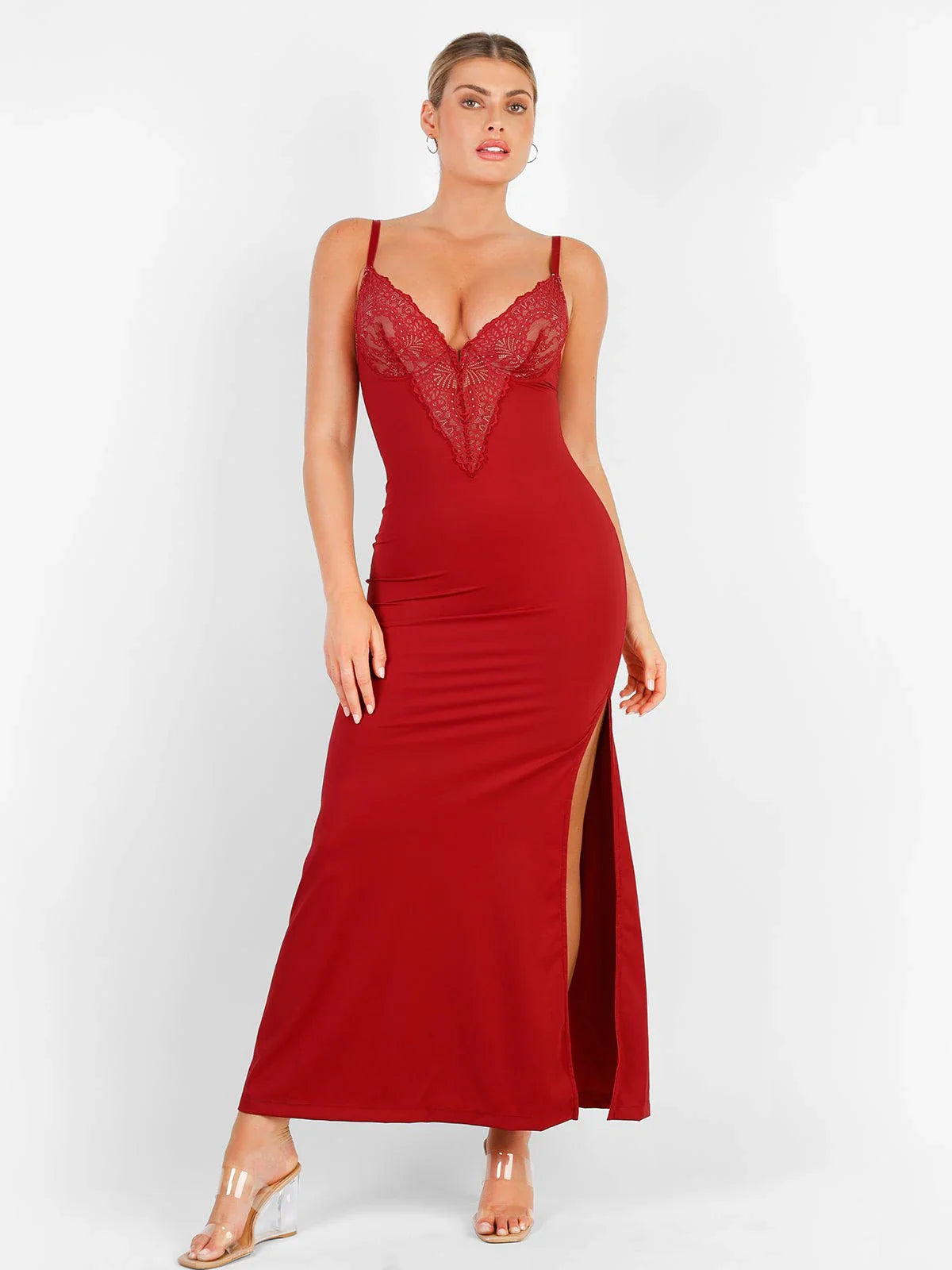 Shapewear Lace V Neck Side Slit Slimming Maxi Slip Dress