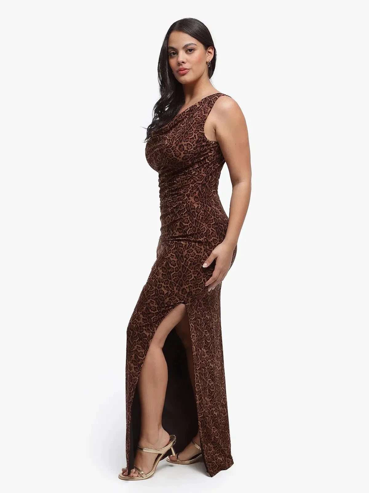 Shapewear Leopard Cowl Neck Ruched Sculpting Maxi Dress