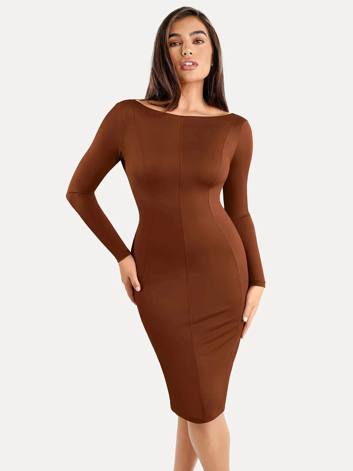 Shapewear Long Sleeve Boat Neck Sculpting Midi Dress