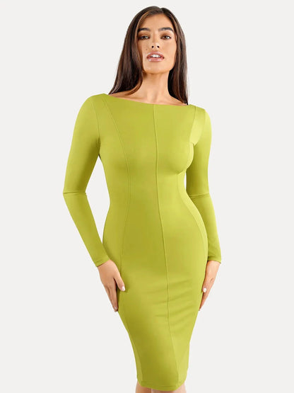 Shapewear Long Sleeve Boat Neck Sculpting Midi Dress