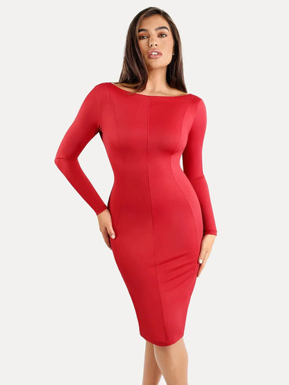 Shapewear Long Sleeve Boat Neck Sculpting Midi Dress