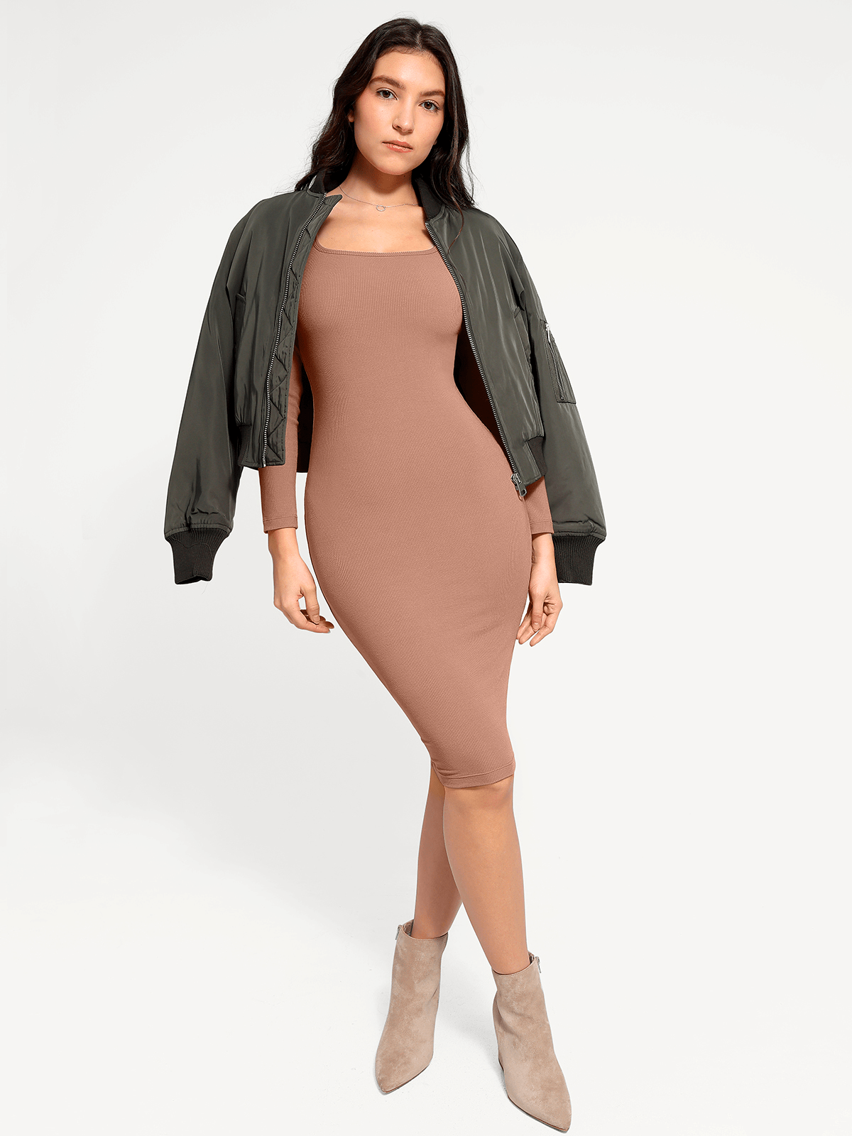 Shapewear Long Sleeve Square Neck Modal Slimming Midi Dress
