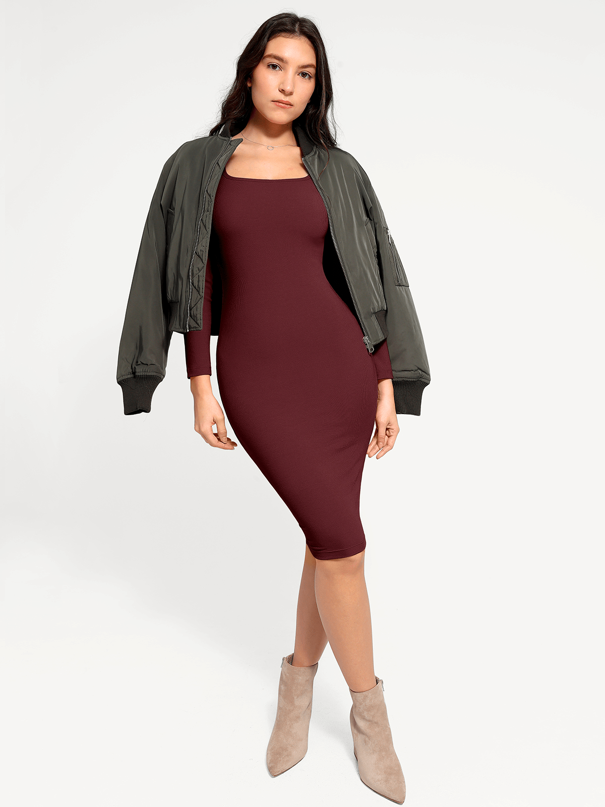 Shapewear Long Sleeve Square Neck Modal Slimming Midi Dress