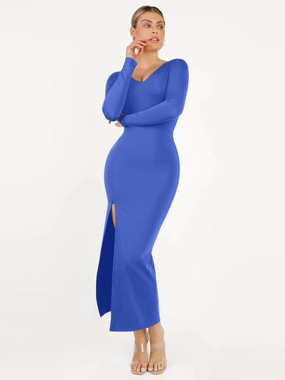 Shapewear Long Sleeve V-Neck Low Back Slimming Maxi Dress