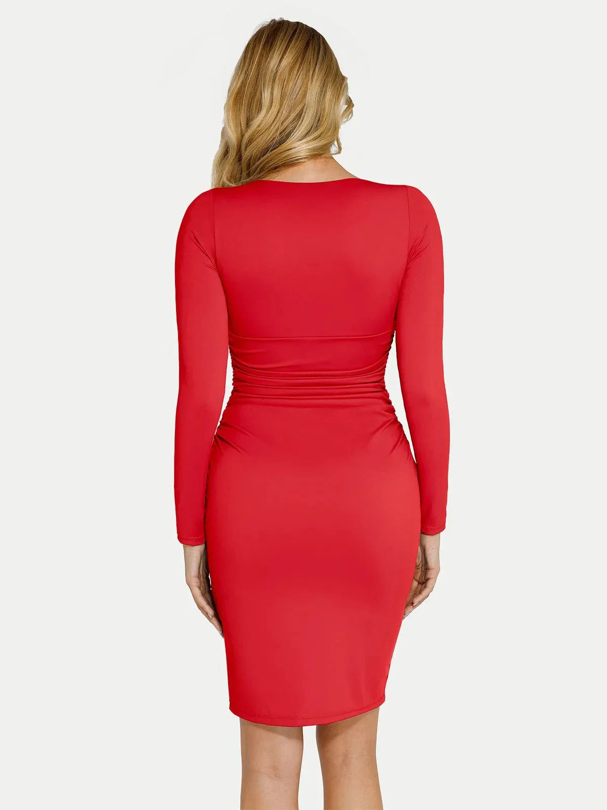 Shapewear Long Sleeve V-Neck Ruched Bodycon Midi Dress