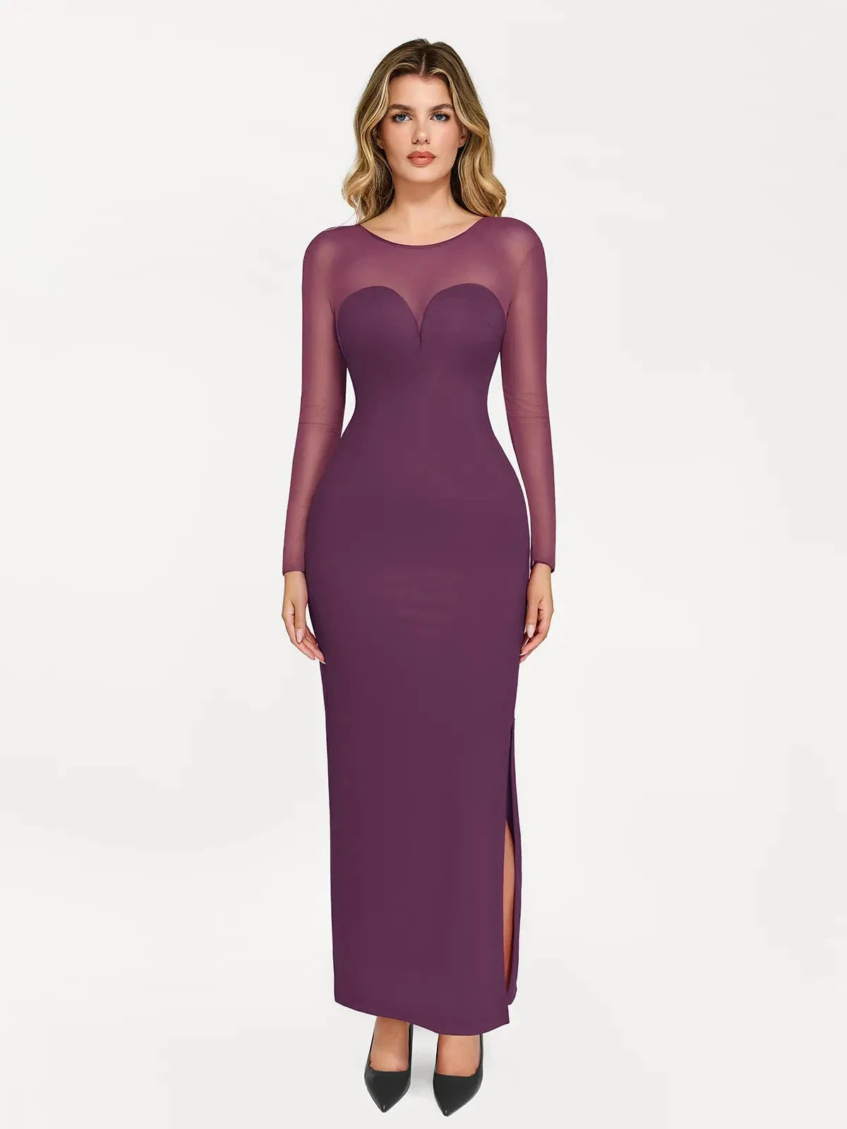 Shapewear Mesh Long Sleeve V-Back Slimming Maxi Dress