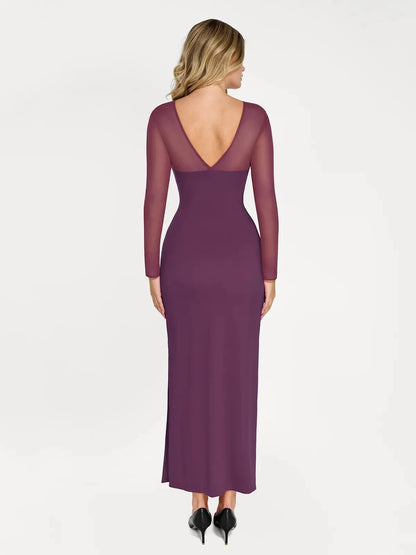 Shapewear Mesh Long Sleeve V-Back Slimming Maxi Dress
