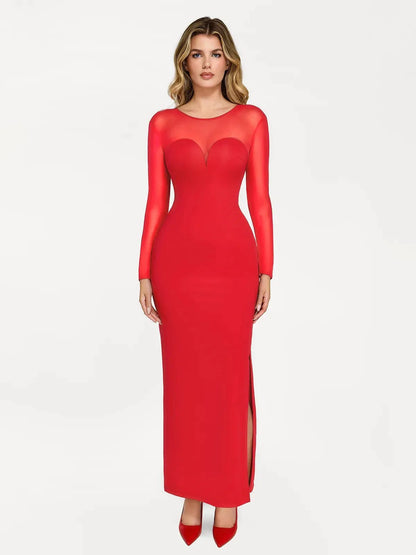 Shapewear Mesh Long Sleeve V-Back Slimming Maxi Dress