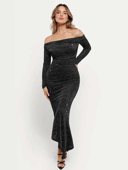 Shapewear Metallic Knit Long Sleeve Slim Mermaid Maxi Dress