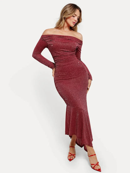 Shapewear Metallic Knit Long Sleeve Slim Mermaid Maxi Dress