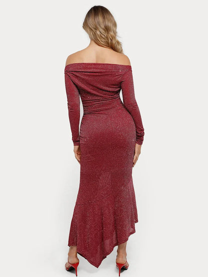 Shapewear Metallic Knit Long Sleeve Slim Mermaid Maxi Dress