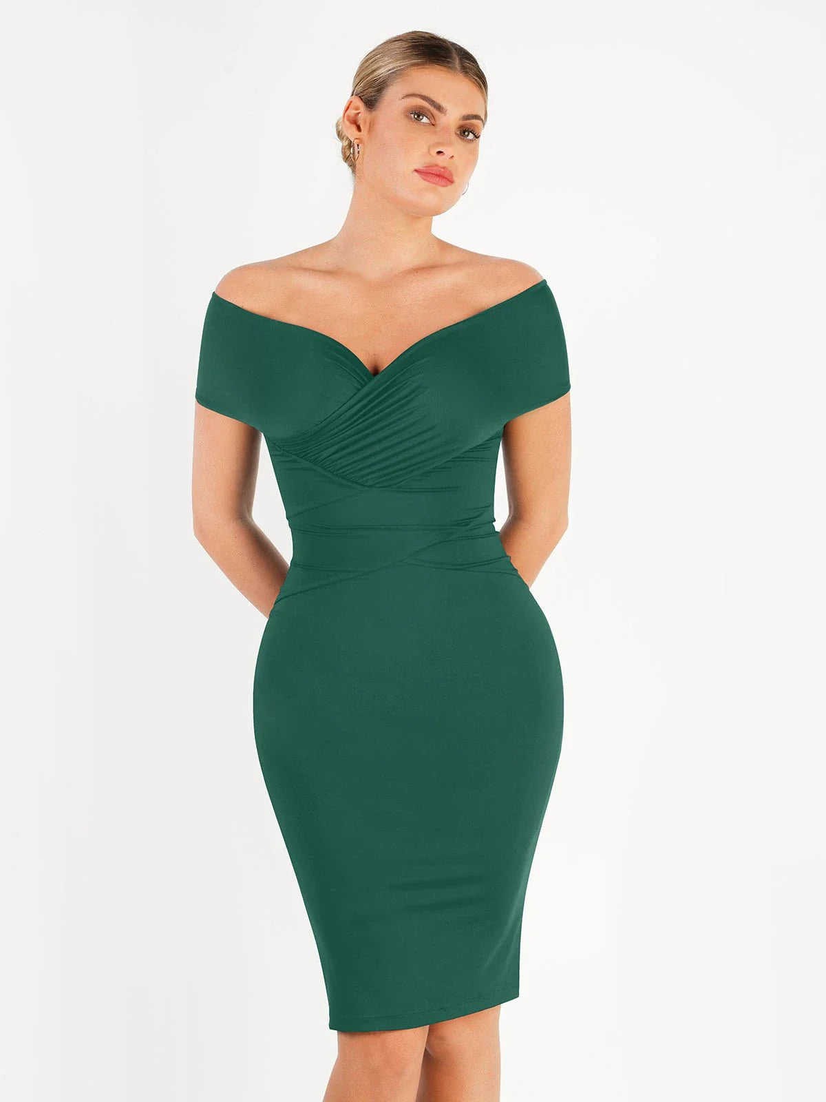 Shapewear Ruched Off-Shoulder Sculpting Midi Dress