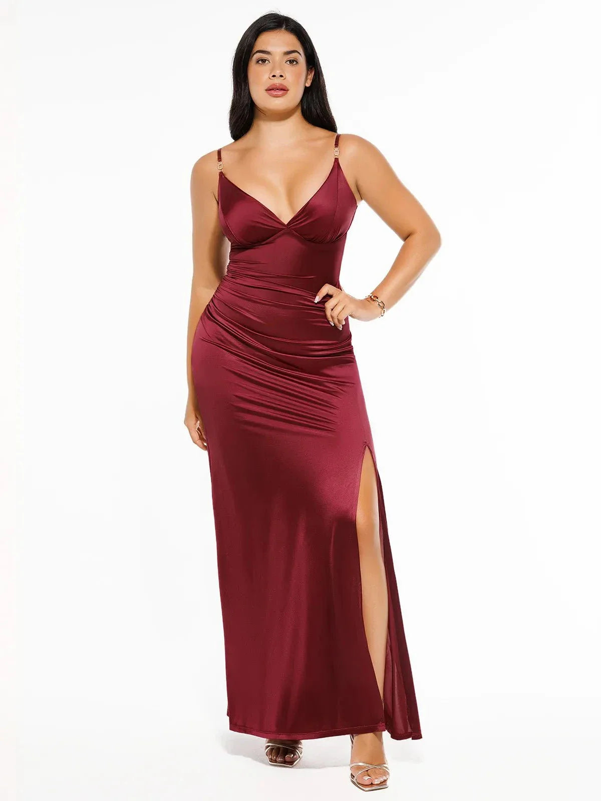 Shapewear Satin Deep-V Front Slit Maxi Dress