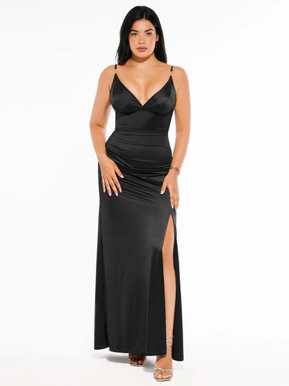 Shapewear Satin Deep-V Front Slit Maxi Dress