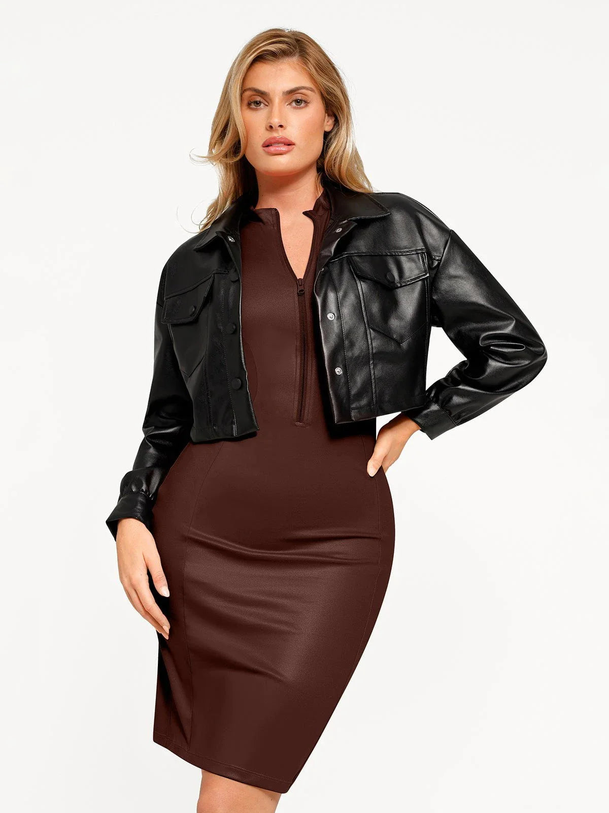 Shapewear Sculpting Faux Leather Zip Front Midi Dress