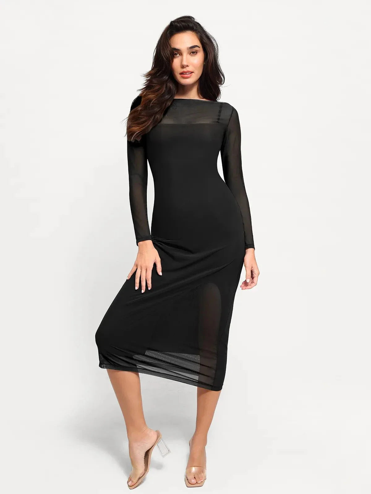 Shapewear Slimming Midi Dress and Sheer Mesh Overlay Set