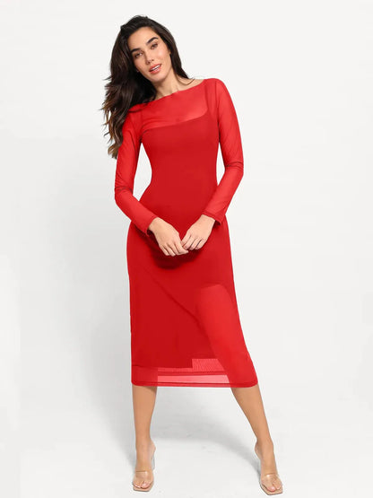 Shapewear Slimming Midi Dress and Sheer Mesh Overlay Set