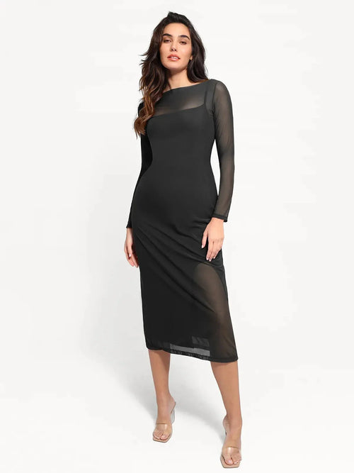 Shapewear Slimming Midi Dress and Sheer Mesh Overlay Set