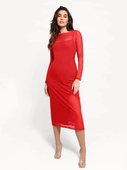 Shapewear Slimming Midi Dress and Sheer Mesh Overlay Set