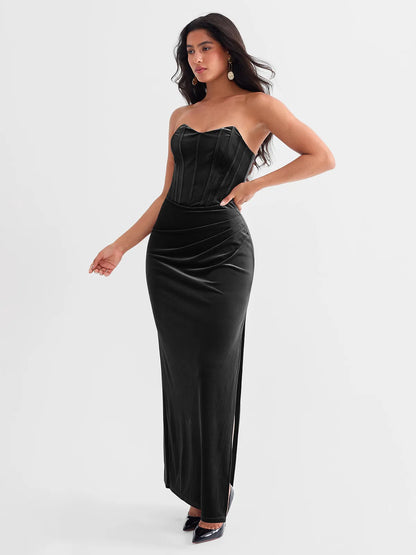 Strapless Velvet Ruched Sculpting Corset Gown