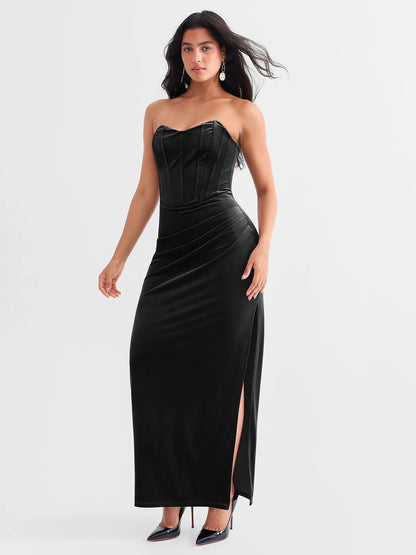 Strapless Velvet Ruched Sculpting Corset Gown