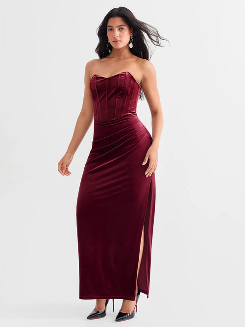 Strapless Velvet Ruched Sculpting Corset Gown