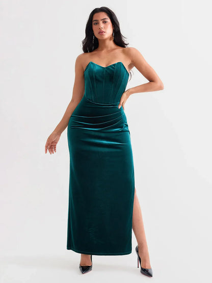 Strapless Velvet Ruched Sculpting Corset Gown