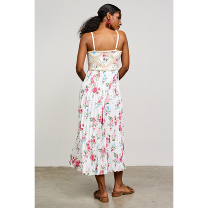 Printed Crochet Patch Pleated Dress