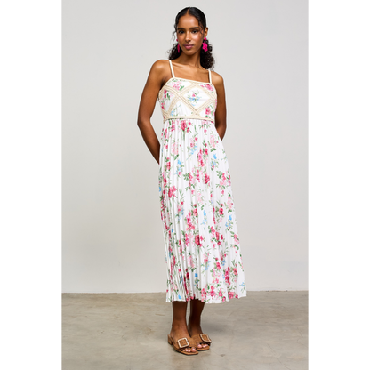 Printed Crochet Patch Pleated Dress