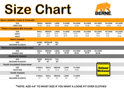 Berne P966BB Quilt Lined Sanded Duck Pant Size Chart