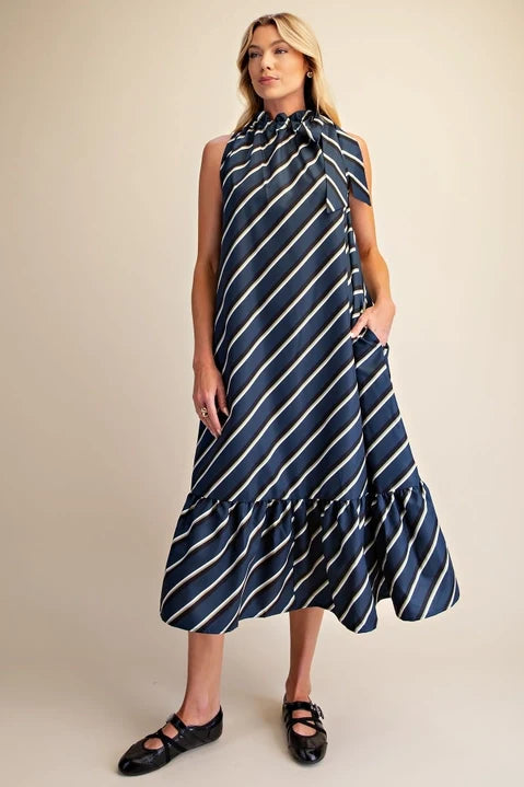Ruffle Tie Striped Midi Dress