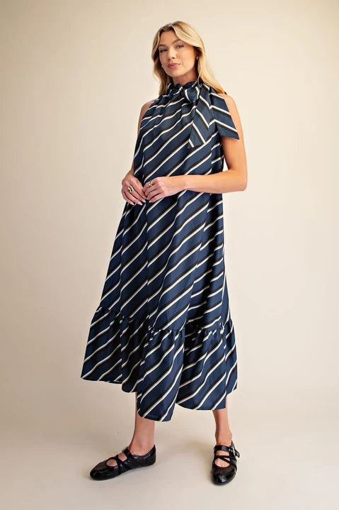 Ruffle Tie Striped Midi Dress