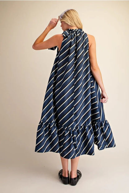 Ruffle Tie Striped Midi Dress
