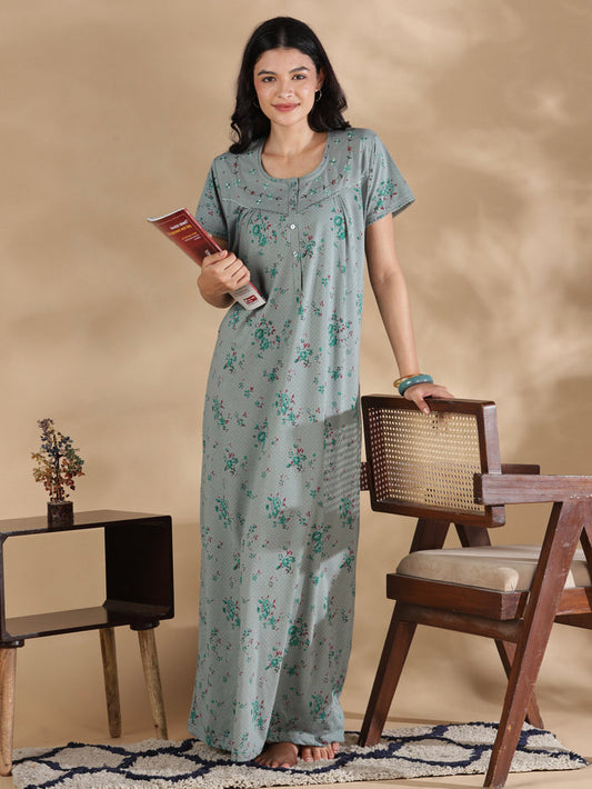 Sage floral cotton blend nighty dress for women online